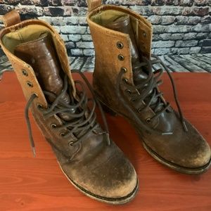 FRYE VERONICA COMBAT BOOTS IN DISTRESSED COGNAC